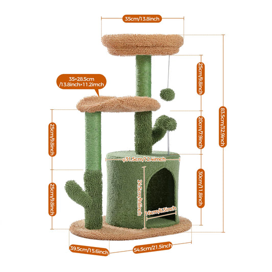 Cactus-Inspired Cat Tree with Curved Perch and Removable Top Bed - Cozy Indoor Cat Condo and Scratching Post for Small Cats