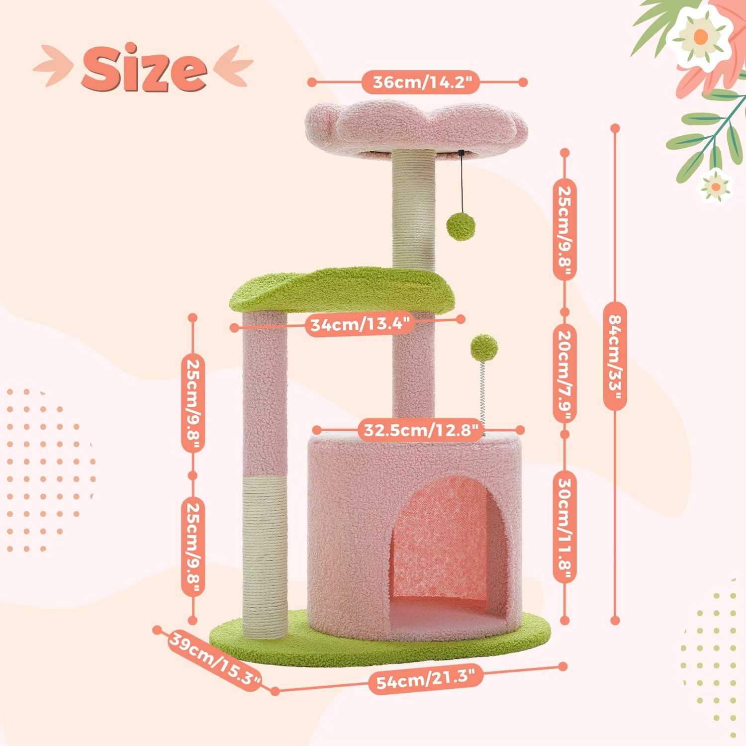 Cactus-Inspired Cat Tree with Curved Perch and Removable Top Bed - Cozy Indoor Cat Condo and Scratching Post for Small Cats