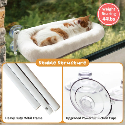 POMESEA Cordless Cat Window Perch with Soft Gray Pad, Durable Metal Frame and 4 Strong Suction Cups, Window Mounted, Washable Cover, Safe and Cozy Resting Spot for Large Indoor Cats.