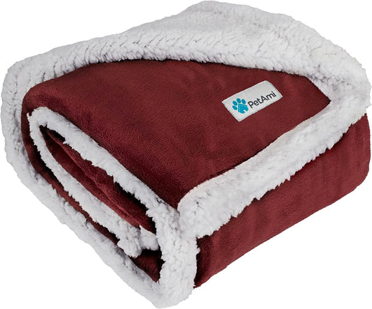 Reversible Fleece Dog Blanket for Small to Medium Pets, Soft Sherpa Throw for Couch and Car, Washable Mini Size 29x40 in Maroon Red