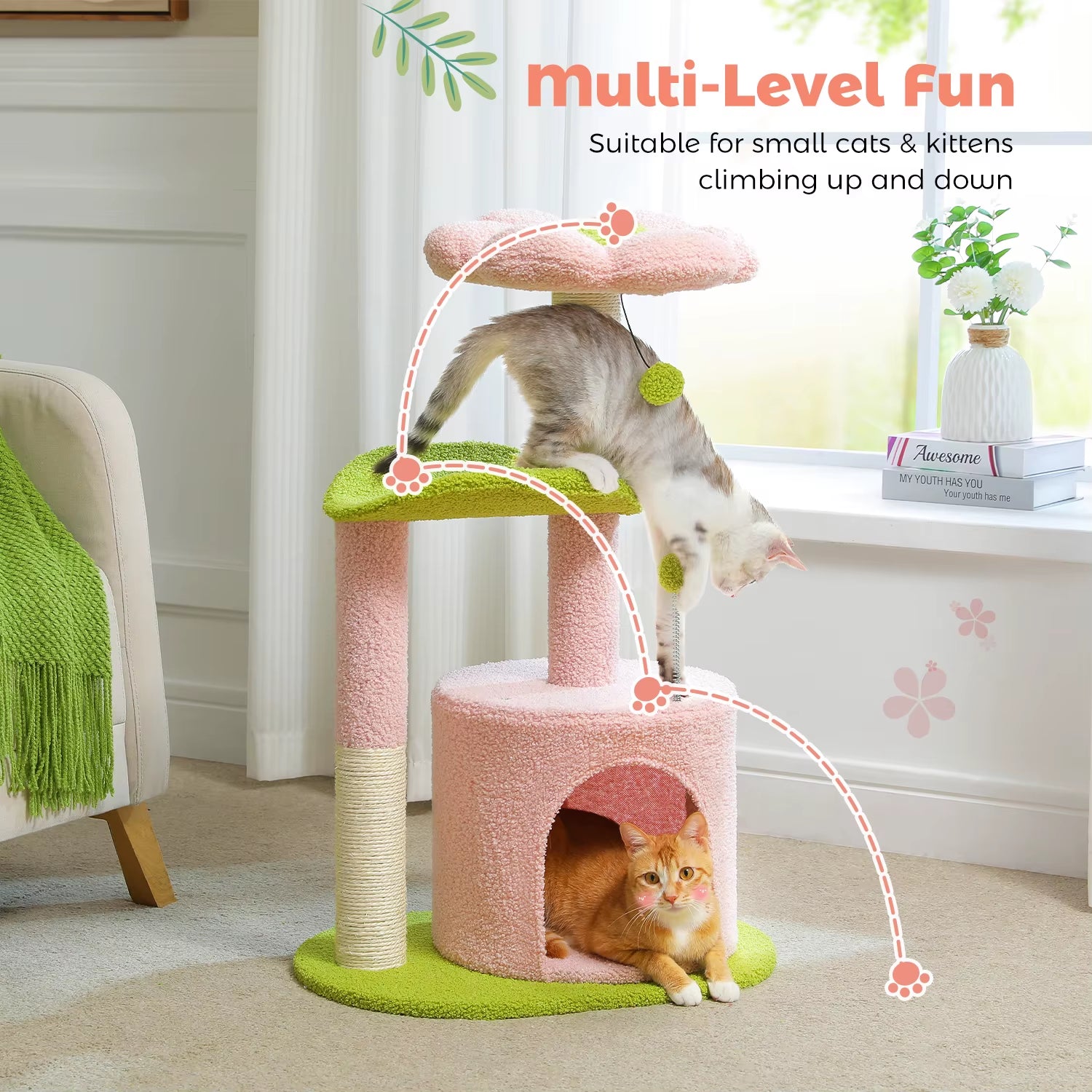Cactus-Inspired Cat Tree with Curved Perch and Removable Top Bed - Cozy Indoor Cat Condo and Scratching Post for Small Cats