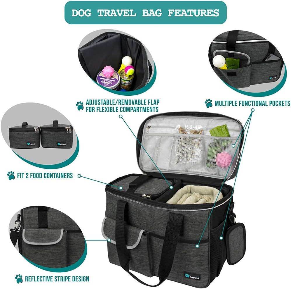 Dog Travel Organizer with Food Storage and Bowls, Charcoal - Medium Camping Accessories