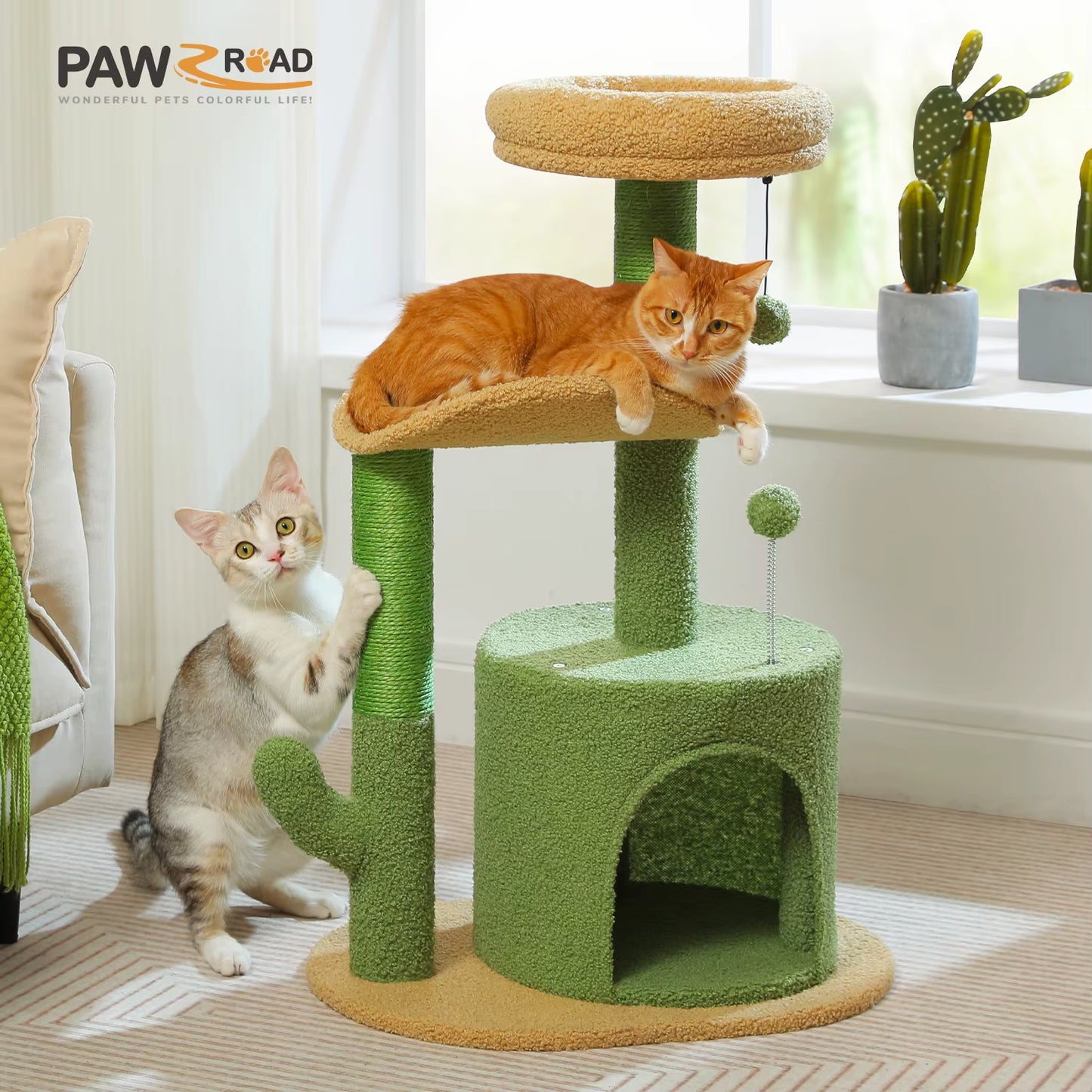 Cactus-Inspired Cat Tree with Curved Perch and Removable Top Bed - Cozy Indoor Cat Condo and Scratching Post for Small Cats