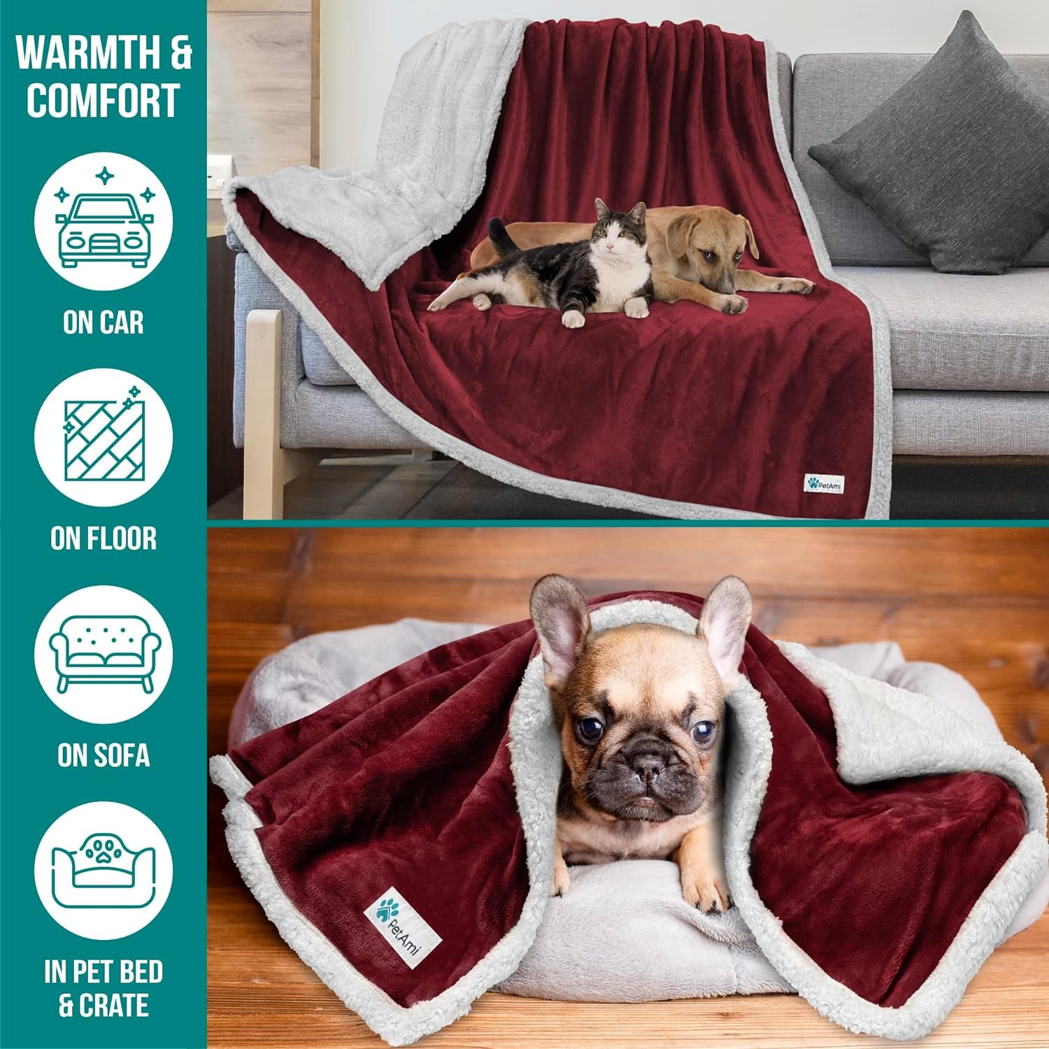 Reversible Fleece Dog Blanket for Small to Medium Pets, Soft Sherpa Throw for Couch and Car, Washable Mini Size 29x40 in Maroon Red