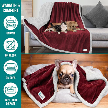 Reversible Fleece Dog Blanket for Small to Medium Pets, Soft Sherpa Throw for Couch and Car, Washable Mini Size 29x40 in Maroon Red