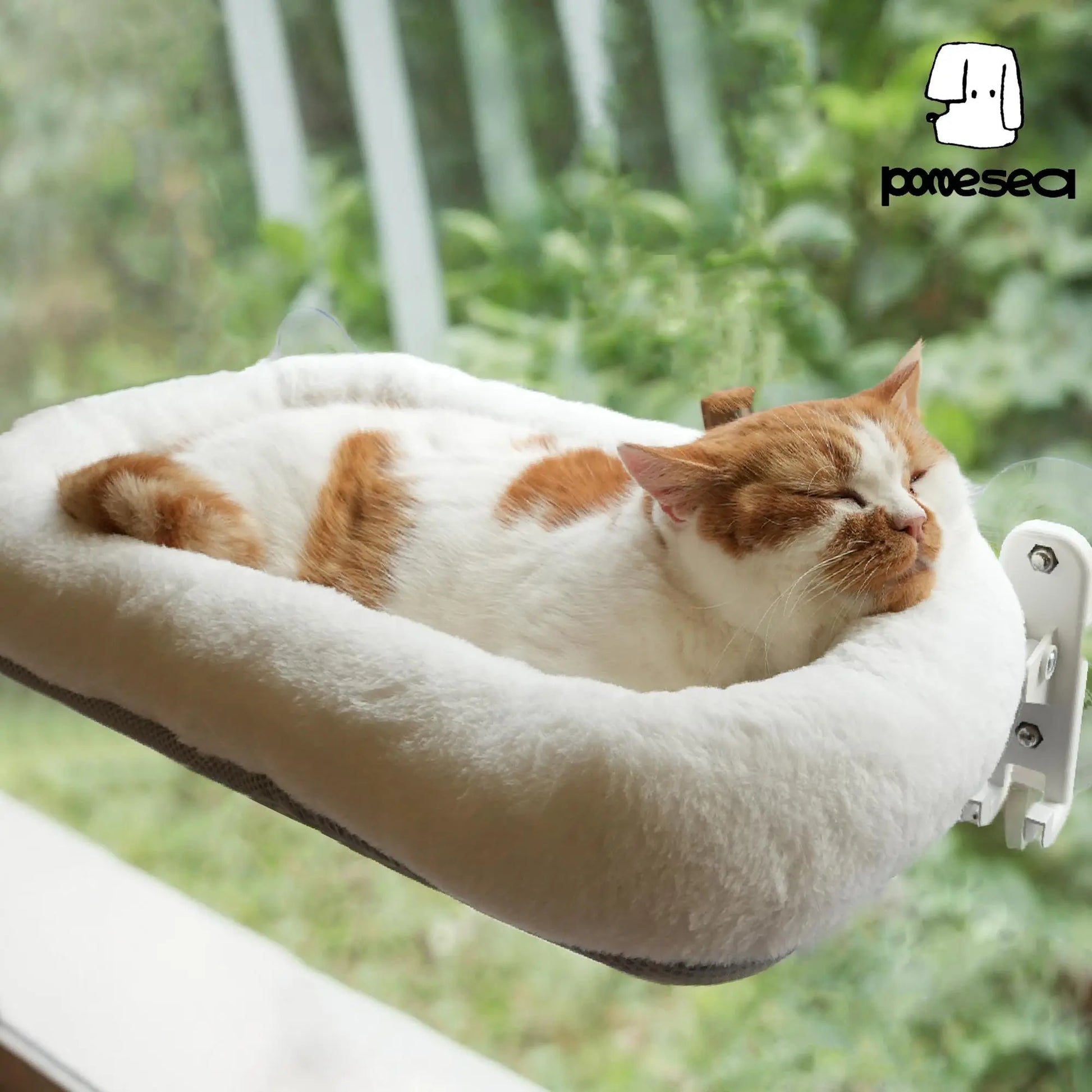 POMESEA Cordless Cat Window Perch with Soft Gray Pad, Durable Metal Frame and 4 Strong Suction Cups, Window Mounted, Washable Cover, Safe and Cozy Resting Spot for Large Indoor Cats.