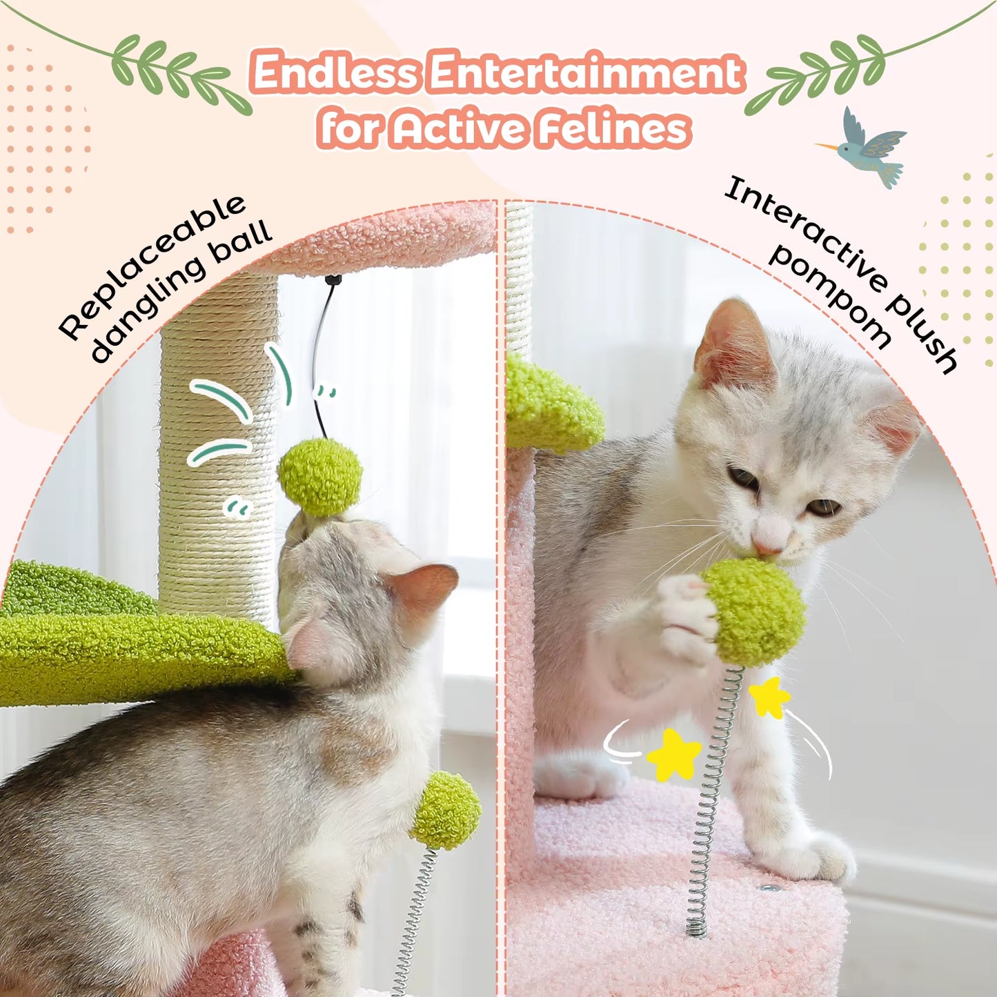 Cactus-Inspired Cat Tree with Curved Perch and Removable Top Bed - Cozy Indoor Cat Condo and Scratching Post for Small Cats
