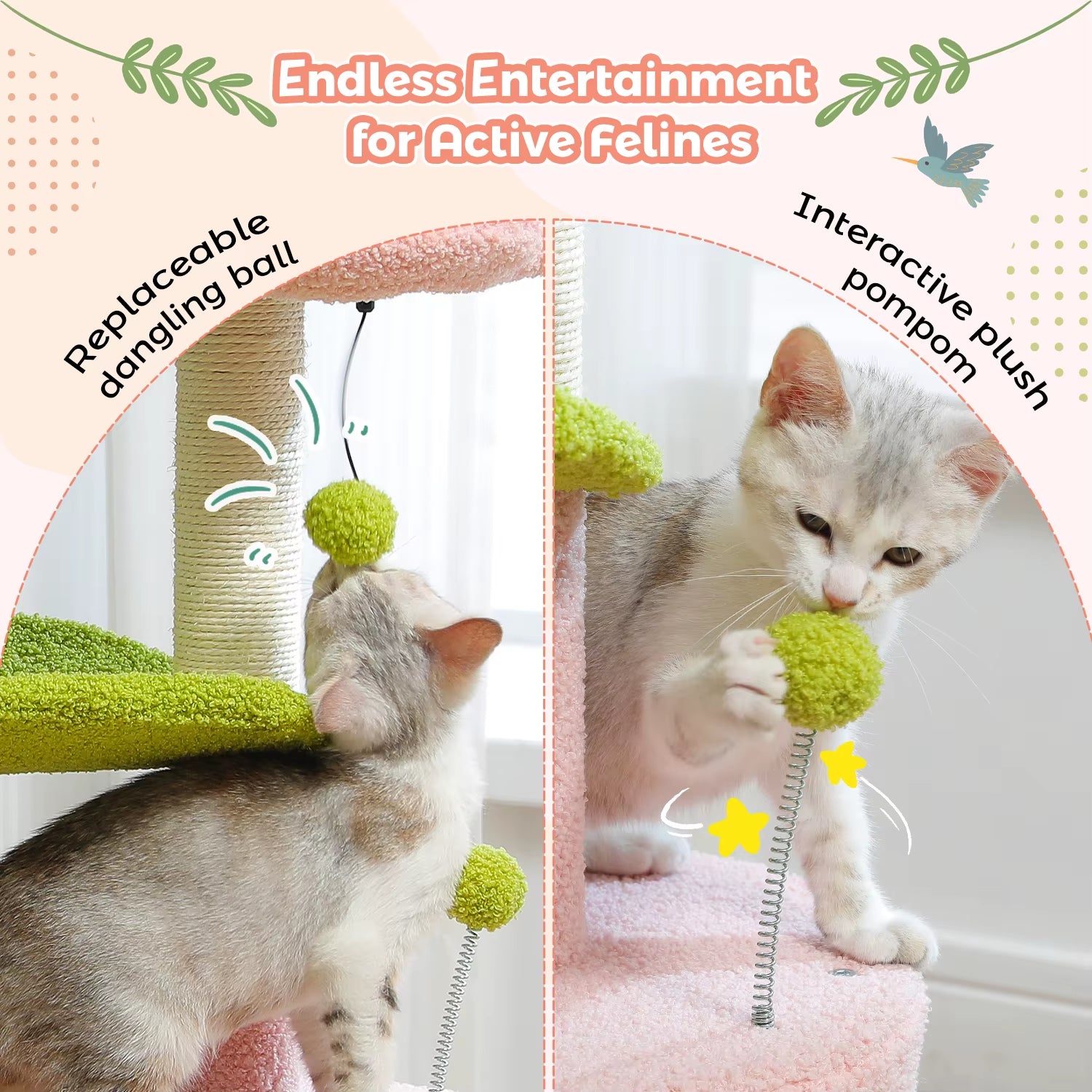 Cactus-Inspired Cat Tree with Curved Perch and Removable Top Bed - Cozy Indoor Cat Condo and Scratching Post for Small Cats