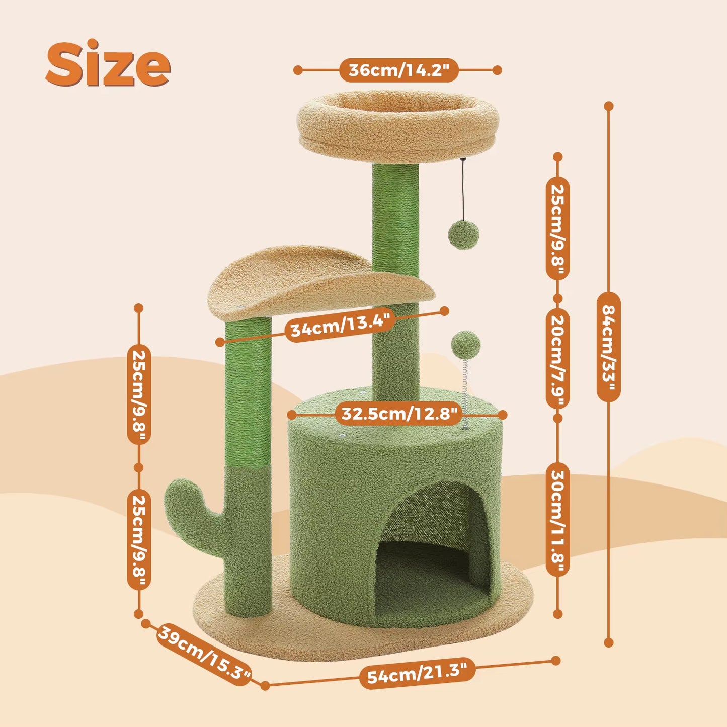 Cactus-Inspired Cat Tree with Curved Perch and Removable Top Bed - Cozy Indoor Cat Condo and Scratching Post for Small Cats