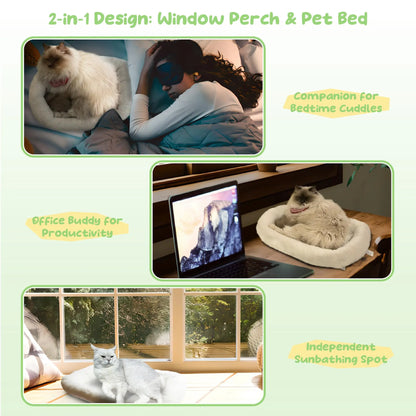 POMESEA Cordless Cat Window Perch with Soft Gray Pad, Durable Metal Frame and 4 Strong Suction Cups, Window Mounted, Washable Cover, Safe and Cozy Resting Spot for Large Indoor Cats.