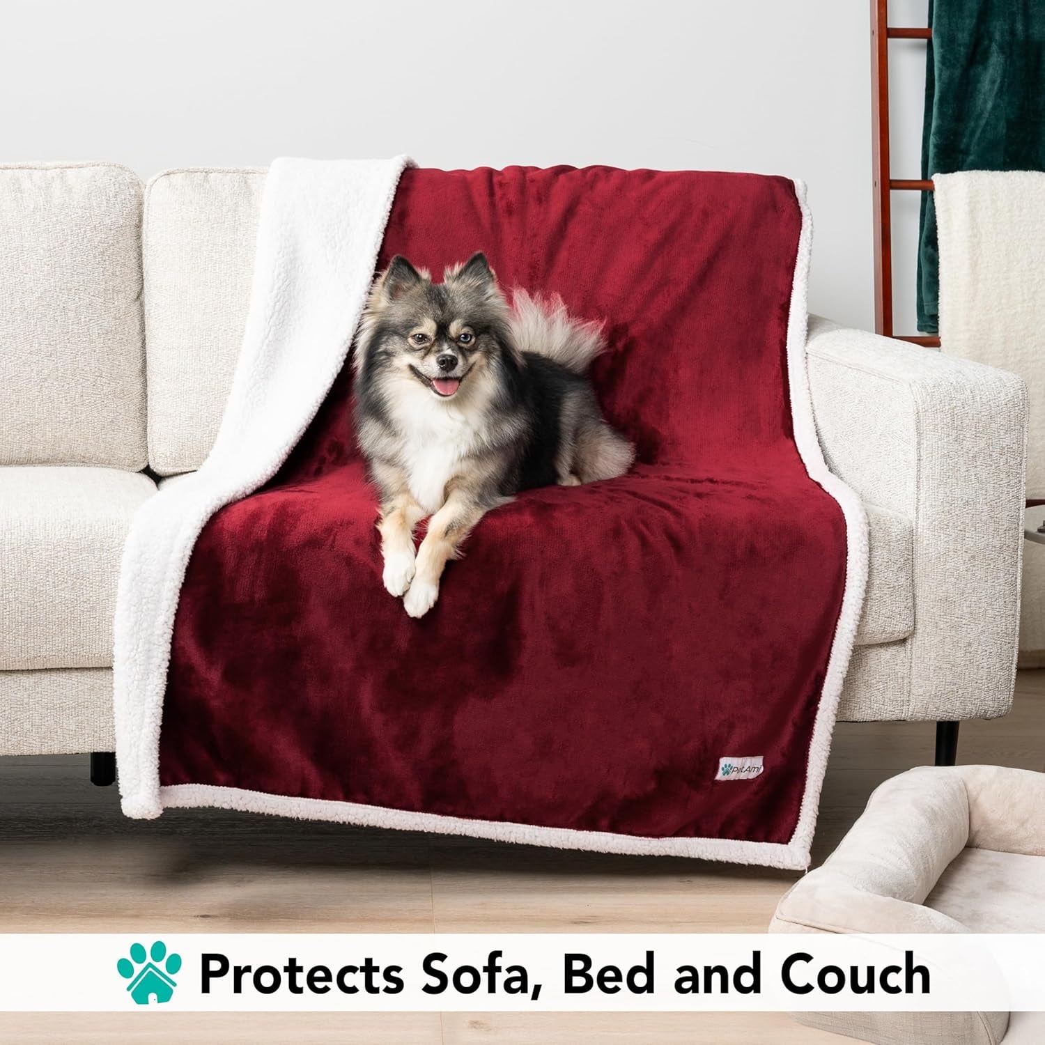 Reversible Fleece Dog Blanket for Small to Medium Pets, Soft Sherpa Throw for Couch and Car, Washable Mini Size 29x40 in Maroon Red